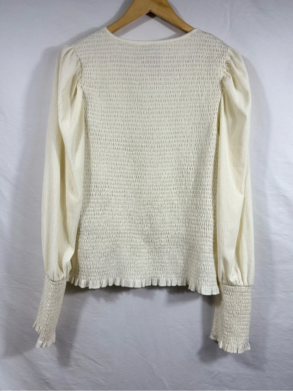 Anthropologie Ivory Smocked Balloon Long-Sleeve Top